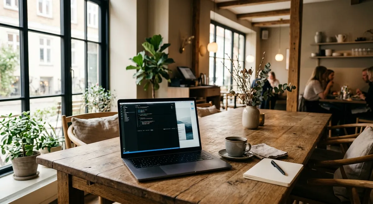 Bærbar computer på et træbord i en stilfuld dansk restaurant med fokus på ny hjemmeside til restaurant